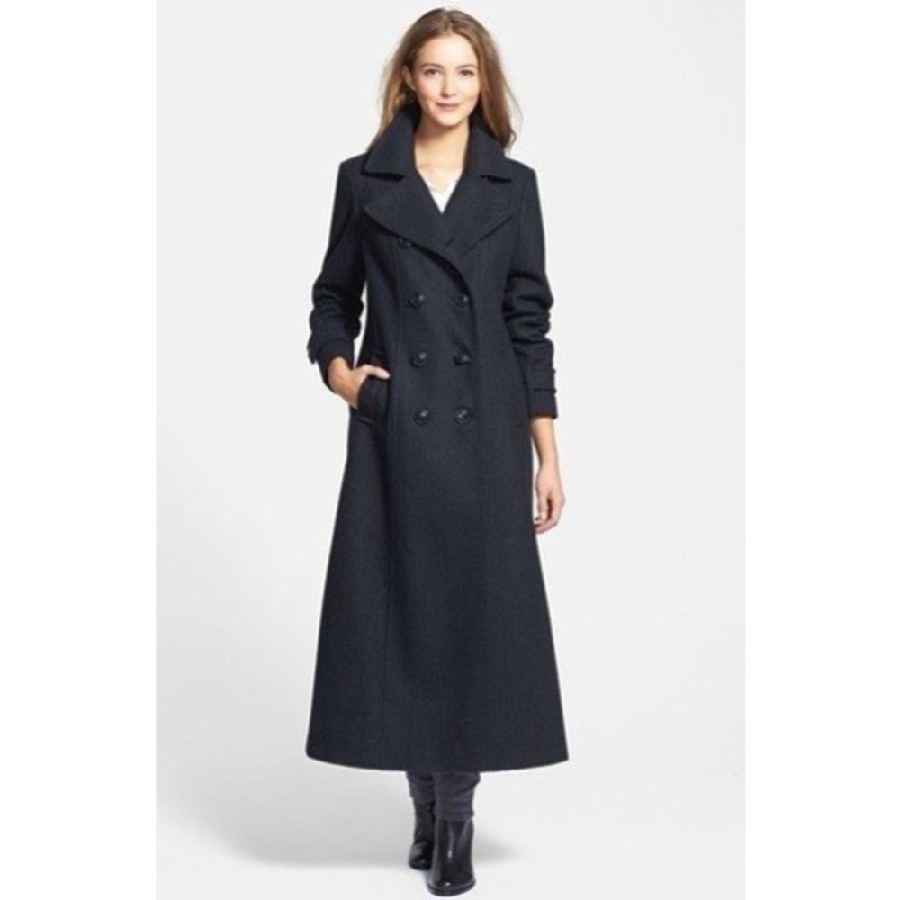DKNY Double Breasted Long Wool Blend Coat
